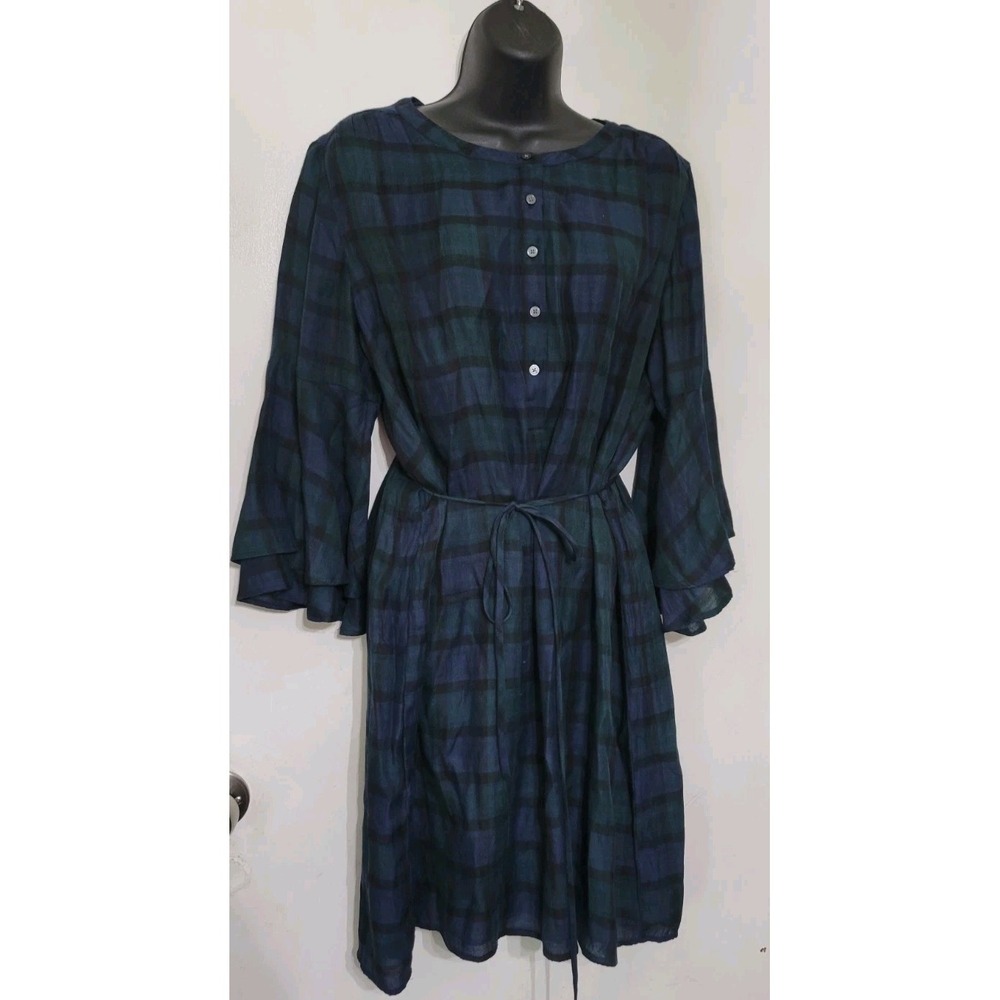 LOFT Fit Flare Dress Blue Green  Plaid Long Sleeve Button Large Tie Waist